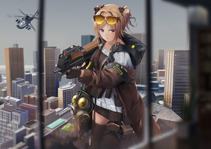 1girl absurdres aircraft bullpup cityscape commission girls_frontline gun helicopter highres light_brown_hair medium_hair nighttsound p90 p90_(girls_frontline) red_eyes skeb_commission solo submachine_gun vehicle_request weapon