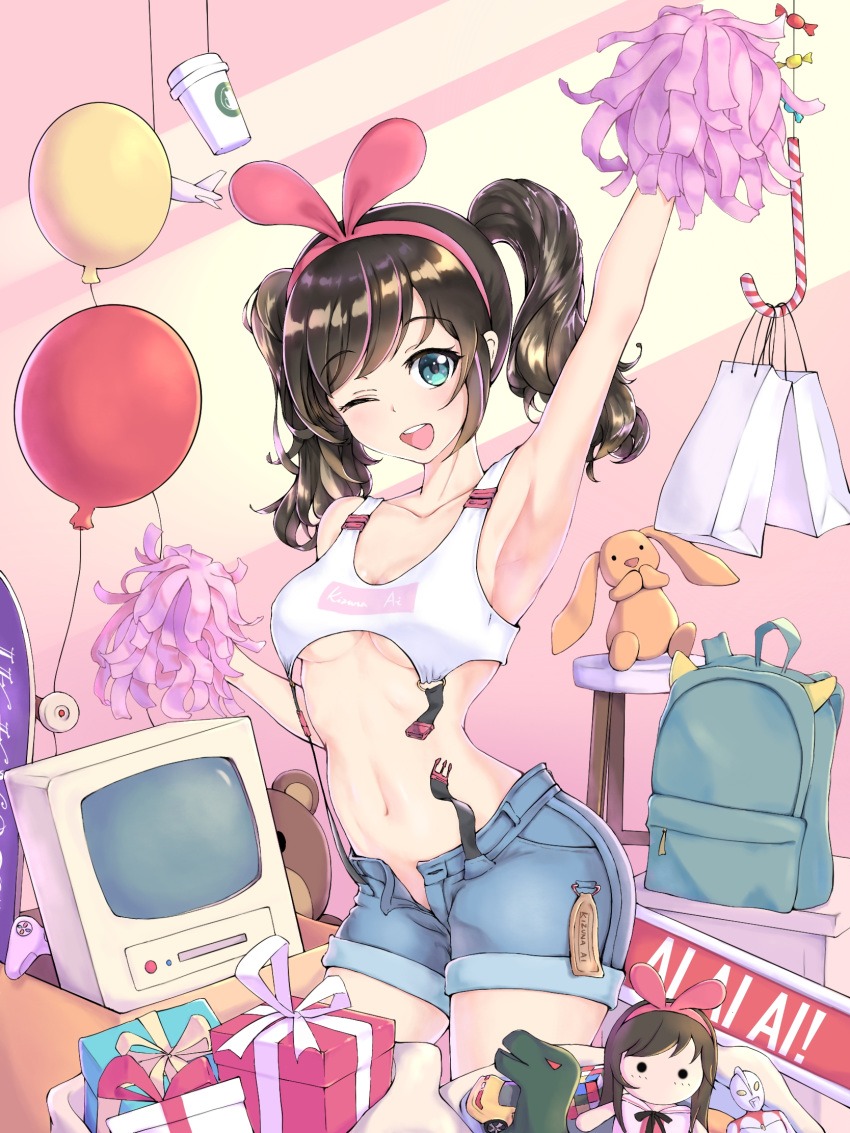 1girl alternate_costume alternate_hairstyle aqua_eyes arm_up armpits backpack bag balloon bangs blush box breasts breasts_apart brown_hair candy candy_cane cardboard_box cleavage collarbone covered_nipples cowboy_shot crop_top crt denim denim_shorts doll eyebrows_visible_through_hair eyyy food gift gift_box hairband highres kizuna_ai kizuna_ai_inc. linea_alba long_hair looking_at_viewer medium_breasts midriff model model_airplane multicolored_hair name_tag navel one_eye_closed open_fly open_mouth pom_poms shopping short_shorts shorts sidelocks skateboard smile stool strap_gap streaked_hair stuffed_animal stuffed_bunny stuffed_toy suspender_shorts suspenders swept_bangs tank_top teddy_bear tight_top twintails underboob white_tank_top