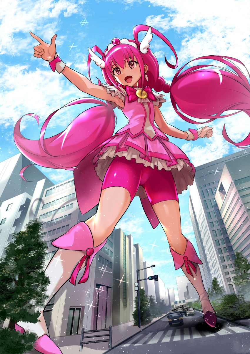 1girl absurdres armpits bangs blue_sky boots building car choker city cloud cure_happy day earrings eyebrows_visible_through_hair from_above giant giantess ground_vehicle highres hoshizora_miyuki jewelry knee_boots long_hair magical_girl motor_vehicle open_mouth outdoors pink_choker pink_shirt pink_shorts pink_skirt pleated_skirt pointing precure pukara road shirt shorts shorts_under_skirt skirt sky sleeveless sleeveless_shirt smile smile_precure! solo street tiara traffic_light