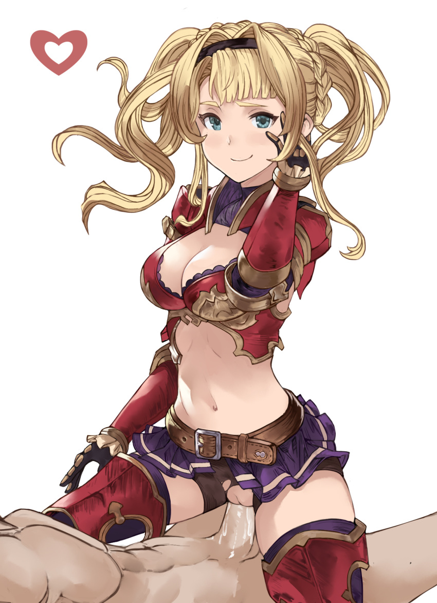 1boy 1girl armor armored_boots bangs belt bike_shorts bikini_armor black_bra black_hairband blonde_hair blue_eyes blunt_bangs blush boots bra bra_peek braid breasts brown_belt cleavage clothed_female_nude_male commentary cowboy_shot cowgirl_position cum gauntlets granblue_fantasy groin hair_intakes hair_ornament hairband hand_on_own_cheek hand_on_own_face hand_up heart highres iiros large_breasts long_hair looking_at_viewer midriff miniskirt navel nude penis pleated_skirt purple_legwear purple_skirt purple_sleeves pussy red_armor sex shorts shorts_under_skirt shoulder_armor shrug_(clothing) sidelocks simple_background skindentation skirt smile solo_focus straddling thighhighs torn_bike_shorts torn_clothes twintails underwear vaginal white_background zeta_(granblue_fantasy) zettai_ryouiki