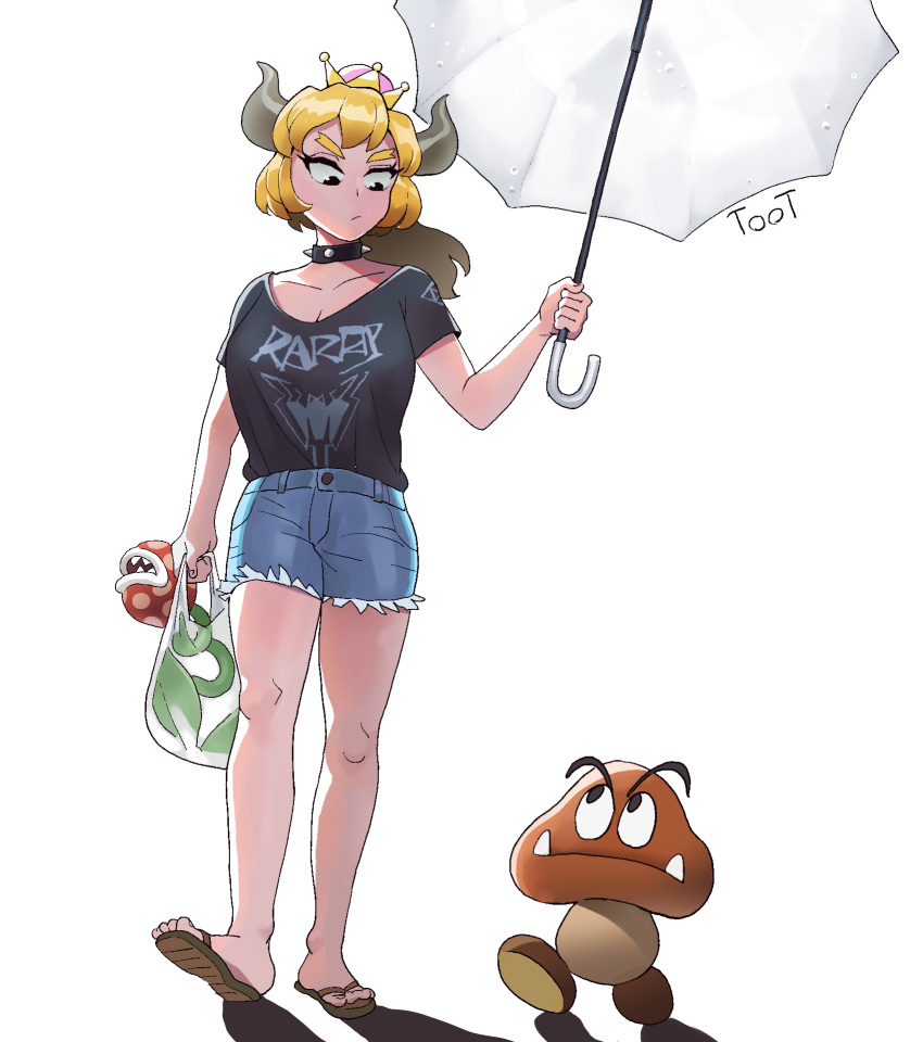 1girl 1other alternate_costume bag black_collar black_shirt blonde_hair blue_shorts bowsette collar crown goomba highres holding holding_bag holding_umbrella horns long_hair mario_(series) new_super_mario_bros._u_deluxe piranha_plant ponytail sandals shadow shirt shirt_tucked_in shorts signature simple_background spiked_collar spikes super_crown toot umbrella white_background white_umbrella
