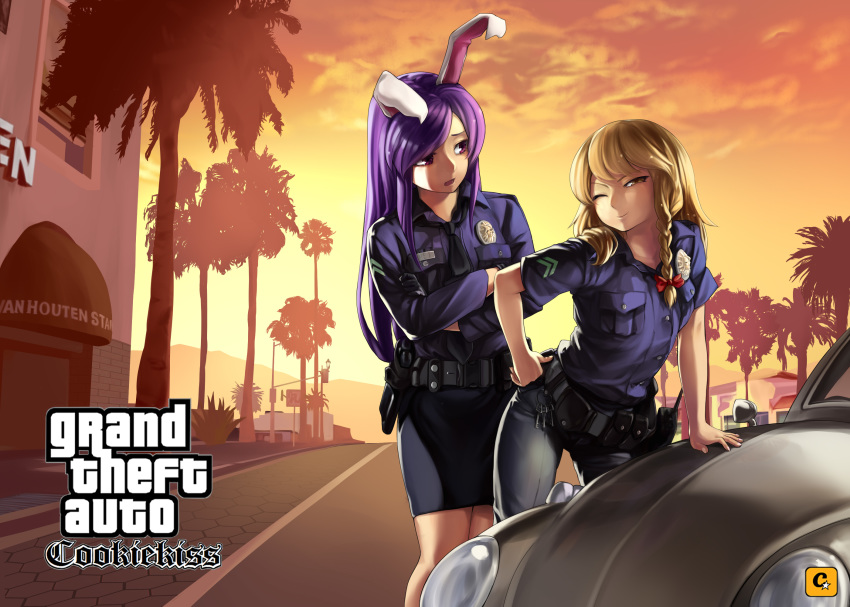 2girls agave alternate_costume animal_ears bangs belt black_belt black_legwear black_neckwear black_pants blonde_hair blue_shirt bow braid building bunny_ears car city closed_mouth commentary_request contrapposto cookie_(touhou) cowboy_shot crossed_arms grand_theft_auto grand_theft_auto:_san_andreas ground_vehicle gun hair_bow hand_on_hip highres hisui_(cookie) holstered_weapon key keyring kirisame_marisa lamppost leaning long_hair looking_at_another looking_at_viewer megafaiarou_(talonflame_810) miniskirt motor_vehicle multiple_girls necktie one_eye_closed open_mouth orange_sky palm_tree pants police police_uniform policewoman purple_hair red_bow red_eyes reisen_udongein_inaba road shirt single_braid skirt sky smile standing street suzu_(cookie) touhou tree uniform walkie-talkie weapon yellow_eyes