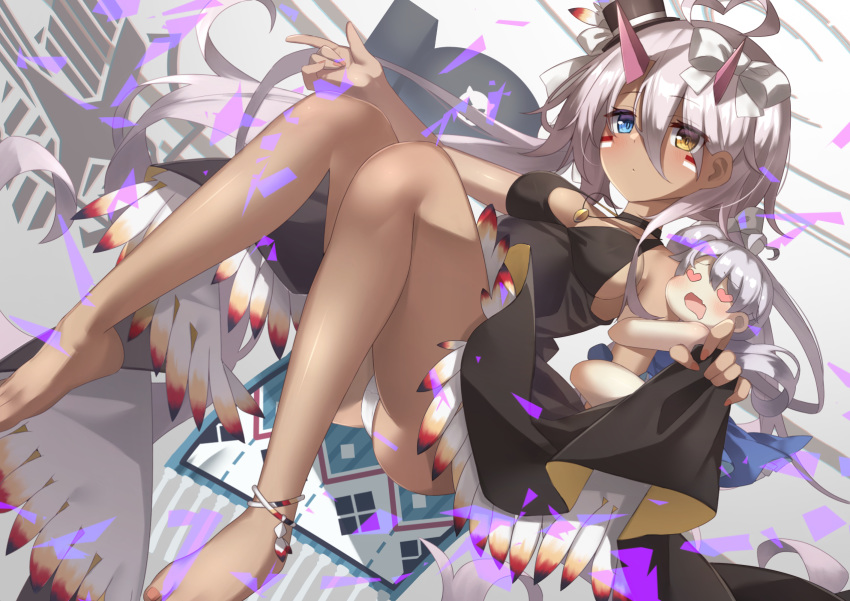 1girl ahoge ashisi azur_lane bangs barefoot black_dress blue_eyes blush breasts character_doll choker closed_mouth commentary_request dark_skin dark_skinned_female dress eyebrows_visible_through_hair eyes_visible_through_hair facepaint feather-trimmed_dress feathers full_body hair_between_eyes hat heart heart_ahoge heart_eyes heterochromia highres indianapolis_(azur_lane) indianapolis_(the_light_of_circle_city)_(azur_lane) jewelry long_hair looking_at_viewer medium_breasts nail_polish native_american necklace panties pantyshot pink_hair portland_(azur_lane) sideboob sitting skirt_hold solo top_hat underwear very_long_hair white_panties yellow_eyes