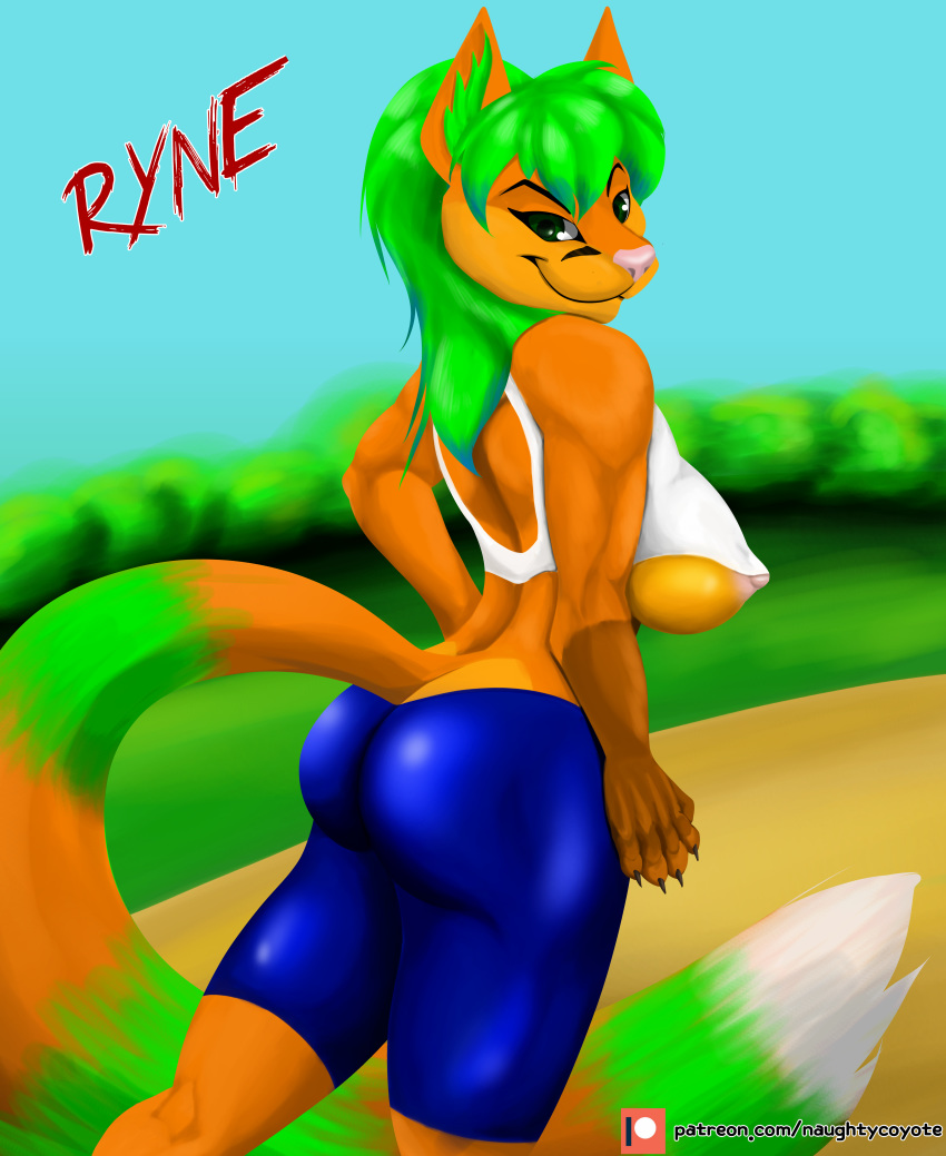 absurd_res anthro bottomwear butt canid canine clothing female fox gym_bottomwear gym_clothing gym_shorts hi_res looking_at_viewer mammal nipples shorts smartwhitefang solo