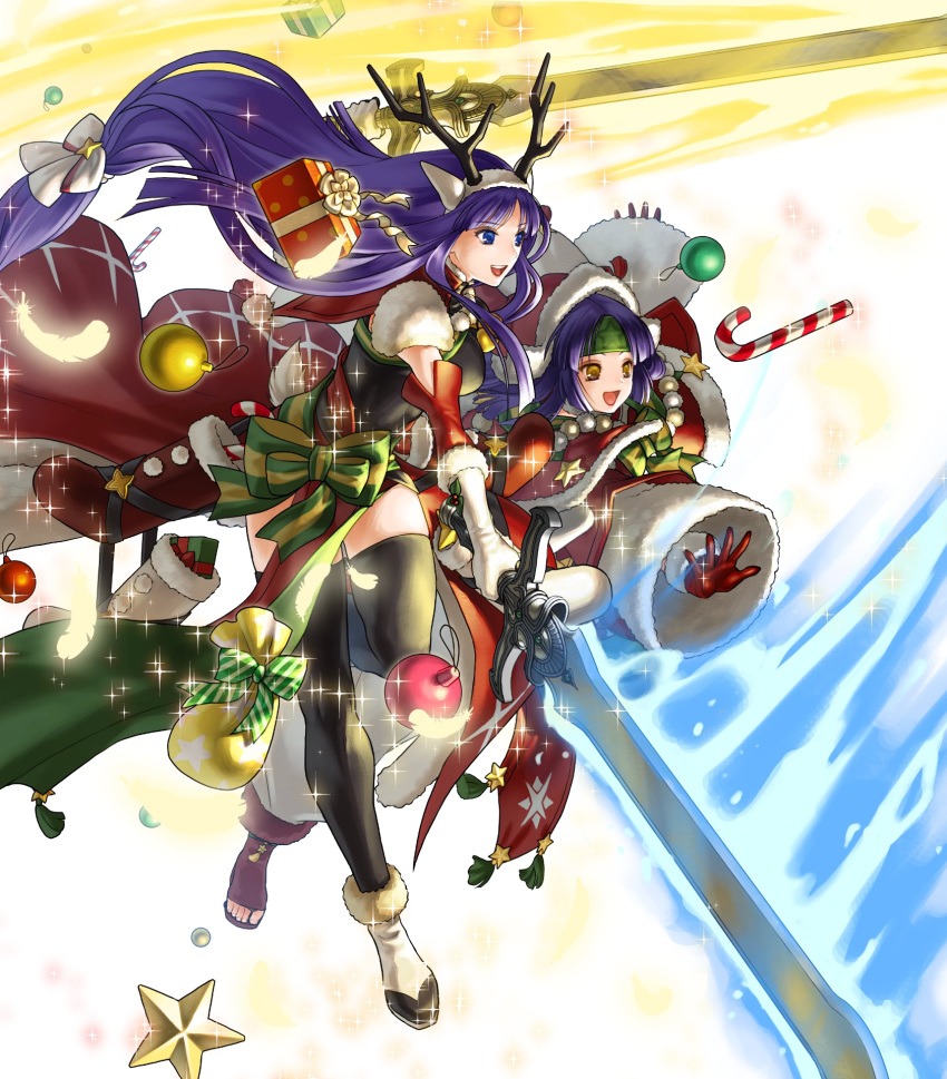 2girls altina animal_ears antlers bangs bell black_legwear blue_eyes blue_hair breasts capelet closed_mouth deer_ears fake_animal_ears fire_emblem fire_emblem:_radiant_dawn fire_emblem_heroes fur_trim gloves glowing glowing_weapon hair_ornament hat headband highres holding holding_sword holding_weapon kita_senri long_hair low-tied_long_hair medium_breasts multiple_girls official_art open_toe_shoes pom_pom_(clothes) purple_hair red_gloves reindeer_antlers sanaki_kirsch_altina santa_hat sword thighhighs tied_hair transparent_background weapon white_footwear white_gloves wide_sleeves yellow_eyes