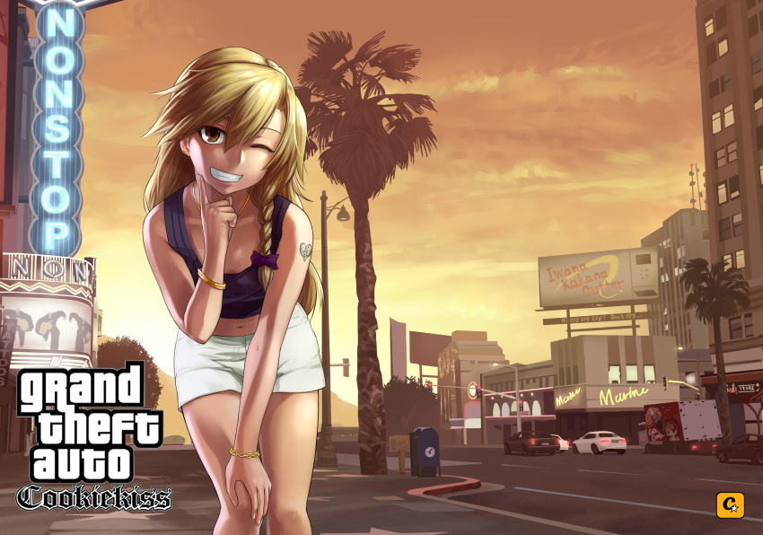 1girl ambiguous_gender bangle bangs billboard black_shirt blonde_hair bow bracelet braid car chain city coca-cola commentary_request cookie_(touhou) cowboy_shot crop_top ear_piercing flat_chest grand_theft_auto grand_theft_auto:_san_andreas ground_vehicle hair_bow hakurei_reimu hand_on_own_chin hand_on_own_knee heart heart_tattoo highres hunched_over jewelry kirisame_marisa lamppost las_vegas leaning_forward long_hair looking_at_viewer megafaiarou_(talonflame_810) micro_shorts midriff motor_vehicle navel necklace one_eye_closed palm_tree piercing postbox_(outgoing_mail) purple_bow rei_(cookie) reu_(cookie) road shirt shorts single_braid sky smile solo standing street tattoo teeth touhou traffic_light tree truck yellow_eyes yellow_sky