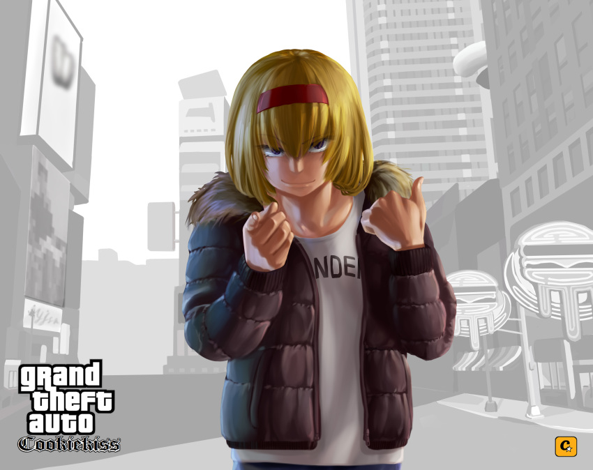 1girl alice_margatroid alternate_costume bangs black_jacket blue_pants building city closed_mouth clothes_writing collarbone commentary_request cookie_(touhou) eyebrows_visible_through_hair fur-trimmed_jacket fur_trim grand_theft_auto grand_theft_auto:_san_andreas grey_background hair_between_eyes highres jacket lamppost long_sleeves looking_at_viewer megafaiarou_(talonflame_810) pants pointing pointing_at_viewer purple_eyes shirt short_hair skyscraper solo standing t-shirt taisa_(cookie) touhou upper_body white_shirt