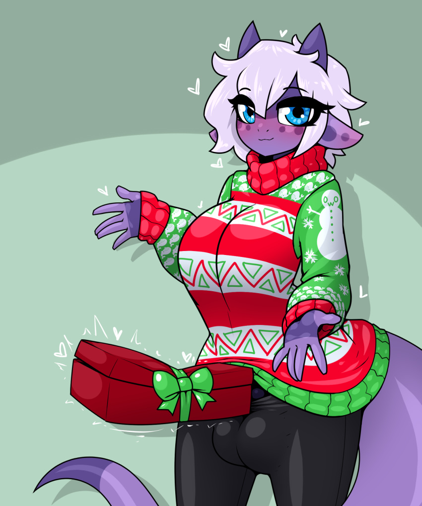 anthro balls breasts bulge christmas christmas_clothing clothing dragon genitals gynomorph hi_res holidays intersex limebreaker looking_at_viewer penis solo violet_(limebreaker)