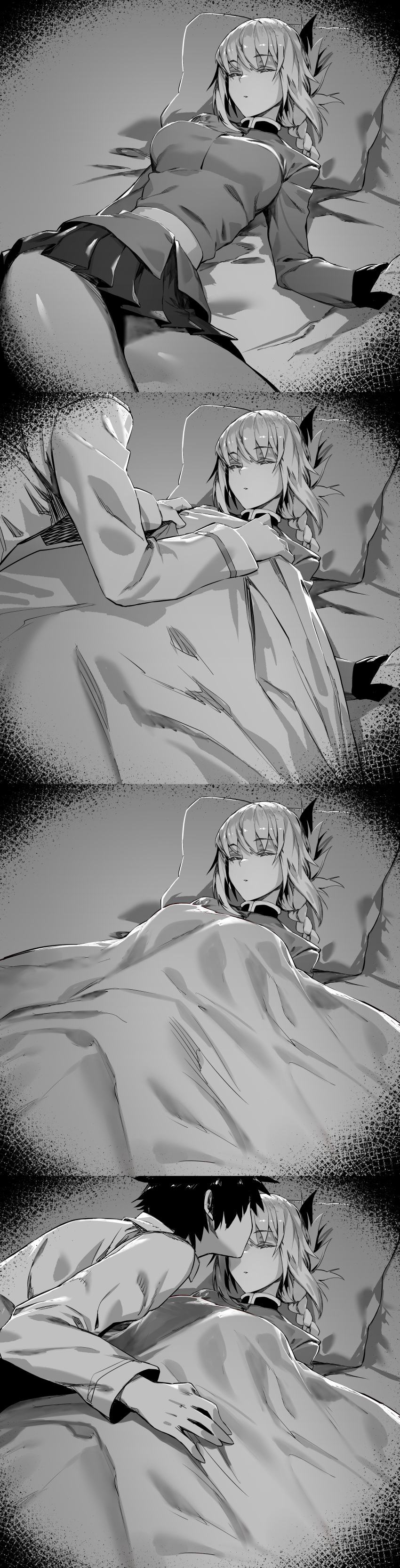 1girl absurdres bangs bed_sheet belt braid braided_ponytail breasts chaldea_uniform closed_eyes fate/grand_order fate_(series) florence_nightingale_(fate/grand_order) folded_ponytail fujimaru_ritsuka_(male) gloves greyscale highres huge_filesize hxd incredibly_absurdres jacket kiss large_breasts long_hair long_sleeves lying monochrome on_back on_bed pantyhose pillow short_hair skirt sleeping