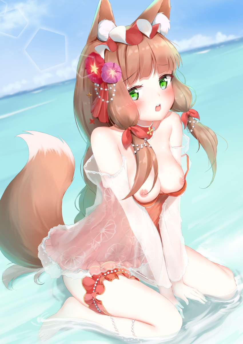 animal_ears cleavage garter himemiya_maho kitsune nipples princess_connect princess_connect!_re:dive see_through swimsuits tail wet white_clover_(unfy8472)