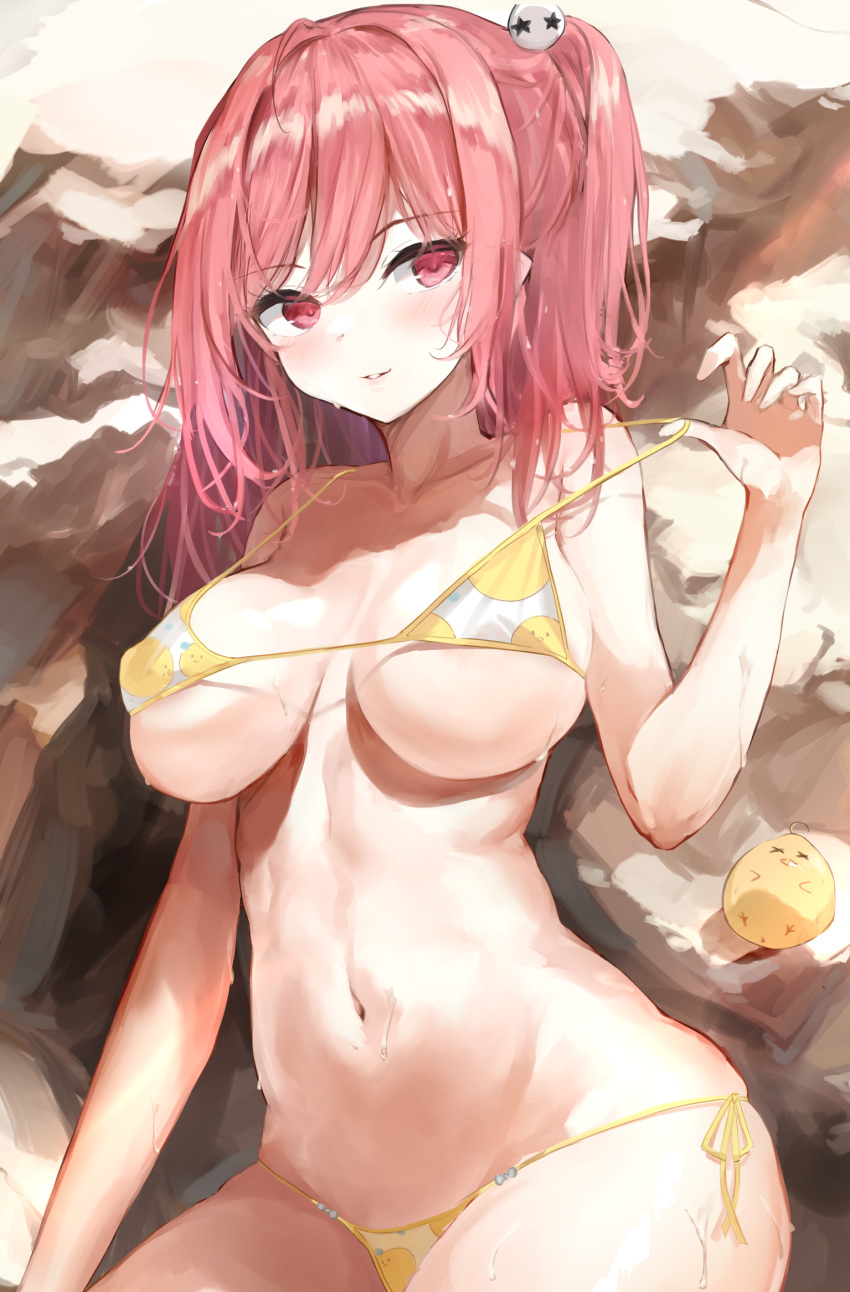1girl 7gao alternate_costume areola_slip areolae azur_lane bangs bare_shoulders bikini bird breasts chick collarbone commentary_request dead_or_alive dead_or_alive_5 eyebrows_visible_through_hair hair_ornament hand_up highres honoka_(doa) honoka_(summer_angel_on_the_shore)_(doa) large_breasts looking_at_viewer manjuu_(azur_lane) navel parted_lips pink_eyes pink_hair pulled_by_self side-tie_bikini skindentation strap_gap strap_pull string_bikini swimsuit underboob wet wet_hair yellow_bikini