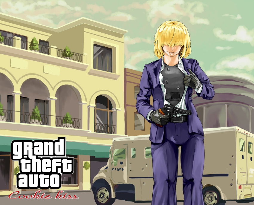 1girl absurdres alice_margatroid alternate_costume balcony bangs black_hair blazer blonde_hair blue_jacket blue_pants building bullet bullet_hole cloud collared_shirt commentary_request cookie_(touhou) copyright_request cowboy_shot grand_theft_auto ground_vehicle gun hair_over_eyes handgun highres holding holding_gun holding_weapon house jacket jigen_(cookie) kevlar_vest looking_at_viewer mansion megafaiarou_(talonflame_810) motor_vehicle pants revolver shirt shirt_pull short_hair sky solo standing tongue tongue_out touhou van weapon white_shirt window