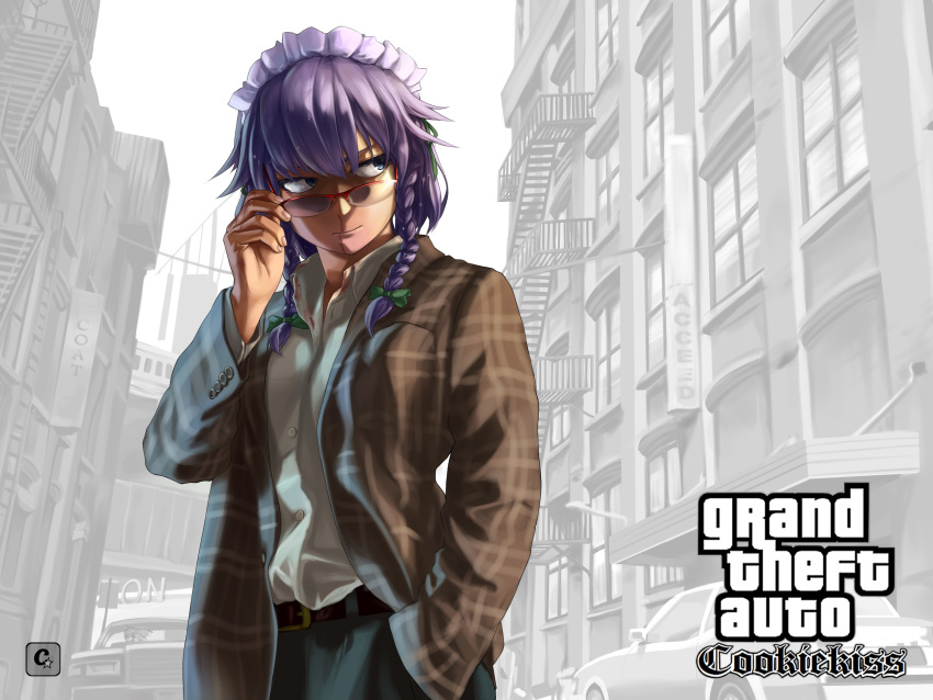 2girls adjusting_eyewear aki_minoriko bangs belt black_belt blazer blood bloody_clothes blue_eyes bow braid brown_jacket car city closed_mouth collared_shirt commentary_request cookie_(touhou) cowboy_shot grand_theft_auto grand_theft_auto:_san_andreas green_bow grey_hair greyscale ground_vehicle hair_between_eyes hair_bow hand_in_pocket highres izayoi_sakuya jacket long_sleeves looking_to_the_side maid_headdress megafaiarou_(talonflame_810) monochrome motor_vehicle multiple_girls nosebleed plaid_jacket red-framed_eyewear ryuuga_(cookie) shirt shirt_tucked_in short_hair solo_focus stairs standing touhou white_shirt