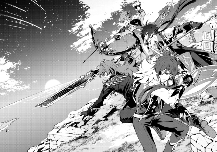 4boys antenna_hair bangs bow_(weapon) closed_mouth diluc_(genshin_impact) eyepatch genshin_impact gloves greyscale hair_between_eyes holding holding_bow_(weapon) holding_spear holding_sword holding_weapon jacket jewelry kaeya_(genshin_impact) long_hair male_focus mask mask_on_head monochrome multiple_boys open_mouth outdoors pants polearm ponytail shooting_star single_earring sio_genshin sky spear sword tartaglia_(genshin_impact) weapon zhongli_(genshin_impact)