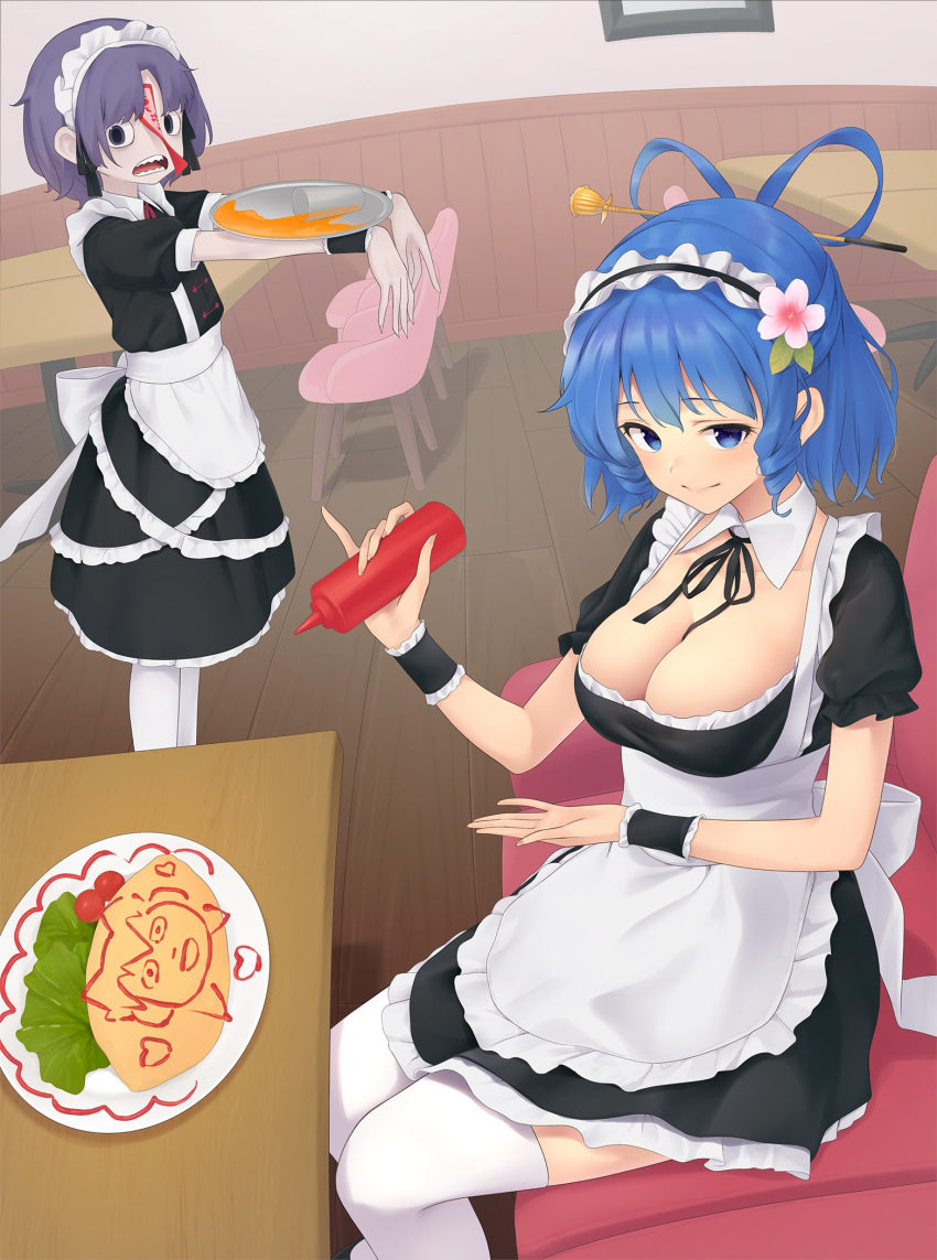 2girls alternate_costume apron bangs bench black_dress black_eyes black_neckwear black_ribbon blue_eyes blue_hair bow breasts chair cleavage collar commentary_request dress drill_locks empty_eyes enmaided flower food frilled_apron frilled_dress frills hair_flower hair_ornament hair_rings hair_stick heart highres jiangshi kaku_seiga kanpa_(campagne_9) ketchup large_breasts maid maid_apron maid_cafe maid_headdress medium_hair miyako_yoshika multiple_girls new_mask_of_hope ofuda omurice outstretched_arms puffy_sleeves purple_hair ribbon sharp_teeth short_hair sitting spill standing table teeth thighhighs touhou tray waist_apron white_bow white_collar white_legwear wrist_cuffs zombie_pose