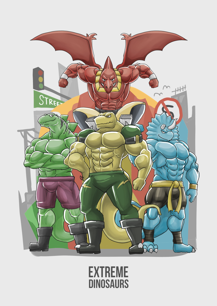1990s abs absurd_res action_pose anthro boots broken_horn bullzeye ceratopsian chirros claws clothed clothing crossed_arms digital_media_(artwork) dinosaur extreme_dinosaurs flying footwear group hi_res horn male muscular ornithischian pecs pose pteranodon pteranodontid pterosaur reptile rex scalie smile spike_(extreme_dinosaurs) standing stegz_(extreme_dinosaurs) t-bone_(extreme_dinosaurs) teeth theropod topless triceratops tyrannosaurid tyrannosaurus wings