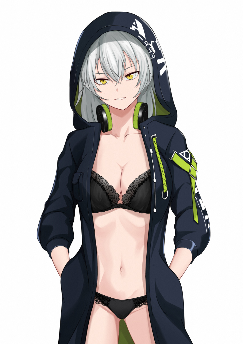 1girl aek-999_(girls_frontline) black_bra black_panties blue_jacket bra breasts cleavage collarbone eyebrows_visible_through_hair girls_frontline hakugin006 hands_in_pocket headphones headphones_around_neck highres hood hooded_jacket jacket lingerie long_hair medium_breasts navel open_clothes open_jacket panties silver_hair smile solo standing underwear white_background yellow_eyes