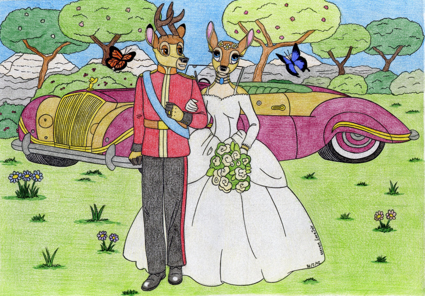 anthro antlers arthropod bambi bambi_(film) belt bottomwear buick_skylark butterfly car cervid clothing digit_ring disney dress duo elegant faline female flower footwear gloves grass handwear hi_res horn insect jewelry lepidopteran male male/female mammal mountain nature plant ring rolls-royce shoes shrub skirt sky traditional_media_(artwork) tree uniform vehicle wedding wedding_dress wedding_ring