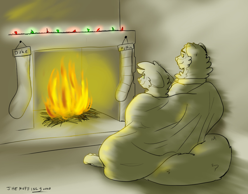 anthro bedding blanket christmas christmas_lights clothing cuddling domestic_ferret duke_(pnspi) duo fire fireplace holidays hyper_tail legwear male mammal muffin_(themuffinly) mustela mustelid musteline stockings themuffinly