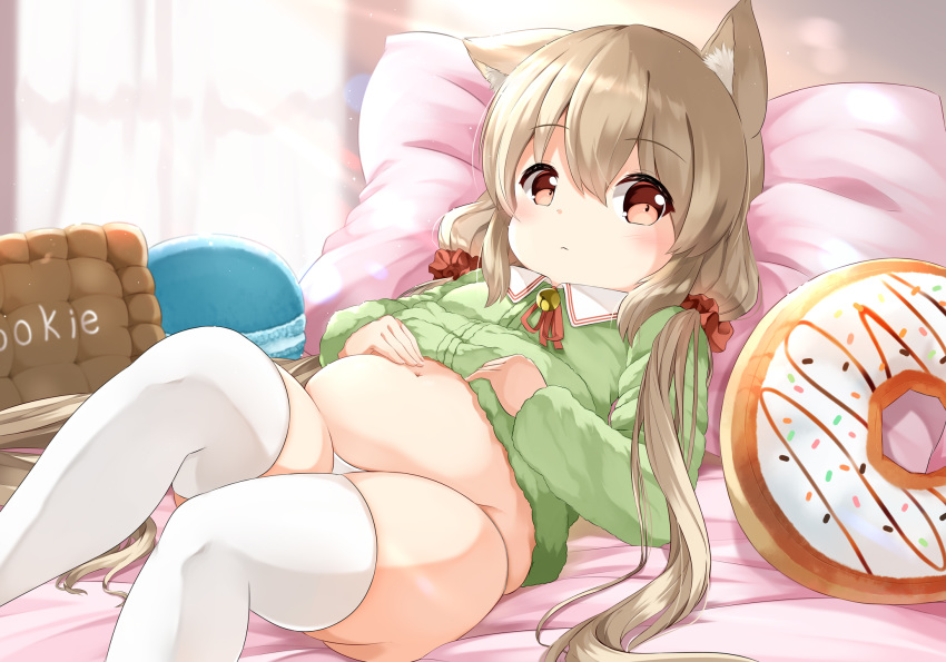 1girl animal_ear_fluff animal_ears bangs bell belly blush brown_hair cat_ears closed_mouth collared_shirt commentary_request eyebrows_visible_through_hair feet_out_of_frame green_shirt hair_between_eyes hair_ornament hair_scrunchie highres jingle_bell long_hair low_twintails lying neck_bell neck_ribbon on_back original panties pillow plump red_eyes red_ribbon red_scrunchie ribbon scrunchie shirt shirt_lift skindentation solo sora_(silent_square) thighhighs twintails underwear very_long_hair white_legwear white_panties