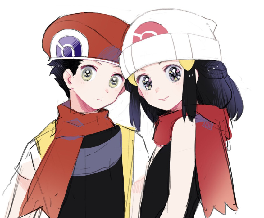 1boy 1girl beanie black_eyes black_hair black_shirt cabbie_hat closed_mouth dawn_(pokemon) expressionless green_eyes gum_(gmng) hat looking_at_viewer lucas_(pokemon) medium_hair pokemon pokemon_(game) pokemon_dppt red_headwear red_scarf scarf shirt short_hair short_sleeves sidelocks simple_background sketch sleeveless sleeveless_shirt smile upper_body white_background white_headwear