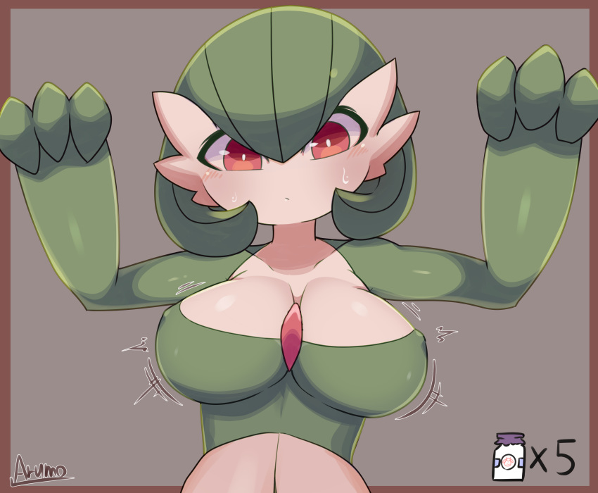 1girl absurdres arms_up artist_name bangs blush bob_cut border bottle breast_expansion breasts brown_background brown_border closed_mouth collarbone colored_skin commentary covered_nipples english_commentary engrish_commentary gardevoir gen_3_pokemon green_hair green_skin hair_between_eyes highres large_breasts looking_down milk_bottle moomoo_milk motion_lines multicolored multicolored_skin number outside_border pokemon pokemon_(creature) red_eyes ryuusui_arumo shiny shiny_hair shiny_skin short_hair signature simple_background solo sweat two-tone_skin upper_body white_skin