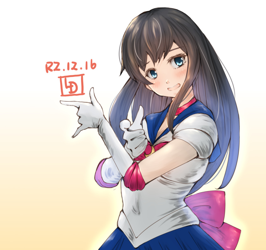 1girl artist_logo asashio_(kantai_collection) bishoujo_senshi_sailor_moon black_hair blue_eyes blue_sailor_collar blue_skirt choker cosplay cowboy_shot dated gloves gradient gradient_background heart heart_choker highres kantai_collection ld_(luna_dial398) long_hair pleated_skirt pointing pointing_at_viewer pose red_choker sailor_collar sailor_moon sailor_moon_(cosplay) sailor_senshi_uniform skirt solo tsuki_ni_kawatte_oshioki_yo white_background white_gloves