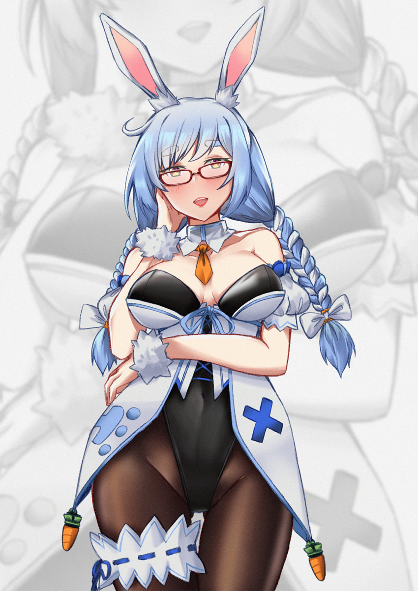 1girl animal_ear_fluff animal_ears bangs bare_shoulders black_leotard blue_hair blush bow braid breasts brown_legwear bunny_ears carrot cleavage covered_navel detached_collar eyebrows_visible_through_hair glasses hair_bow hair_ornament highres hololive large_breasts leg_garter leotard lips long_hair looking_at_viewer mature mini_necktie necktie open_mouth orange_neckwear pekomama persocon93 red-framed_eyewear ribbon_trim smile solo split standing standing_on_one_leg standing_split thick_eyebrows upper_teeth virtual_youtuber white_bow white_hair zoom_layer