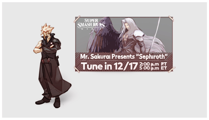 1boy black_coat blonde_hair cloud_strife coat crossed_arms faceless faceless_male final_fantasy final_fantasy_vii grey_background high_collar highres looking_away male_focus nin_nakajima poster_(object) sephiroth simple_background single_sleeve solo spiked_hair super_smash_bros.