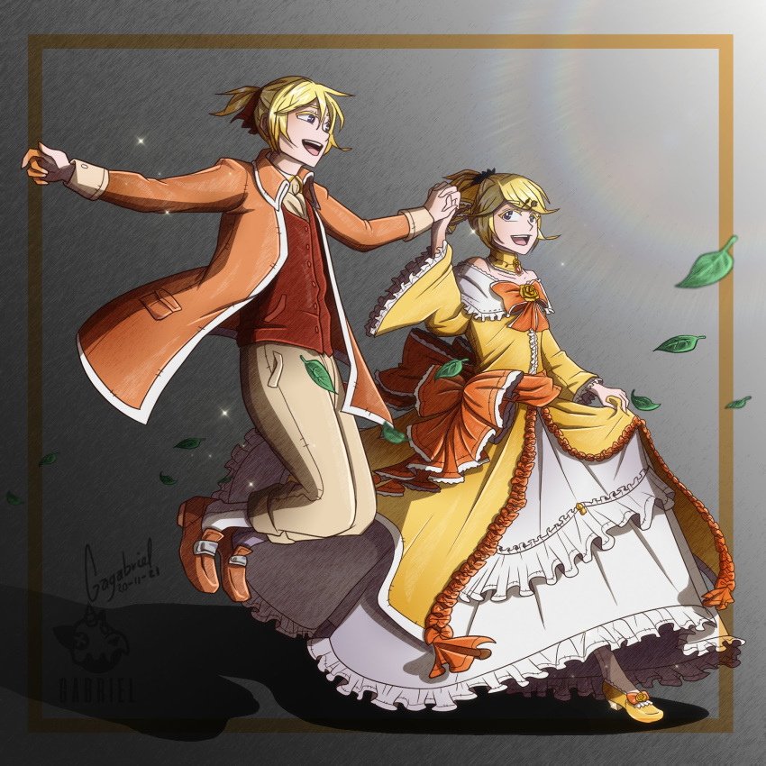 1boy 1girl aku_no_meshitsukai_(vocaloid) aku_no_musume_(vocaloid) allen_avadonia ascot beige_pants blonde_hair blue_eyes bow brother_and_sister brown_footwear choker colored_eyelashes commentary dress dress_bow english_commentary evillious_nendaiki footwear_bow frilled_dress frilled_sleeves frills hair_bow hair_ornament hair_ribbon hairclip highres holding_hands interlocked_fingers jacket jumping kagamine_len kagamine_rin leaf lens_flare mario_gagabriel master_of_the_heavenly_yard_(vocaloid) orange_bow orange_jacket ribbon riliane_lucifen_d'autriche shoes short_ponytail siblings signature skirt_hold sparkle twins updo vocaloid walking wide_sleeves yellow_dress yellow_footwear