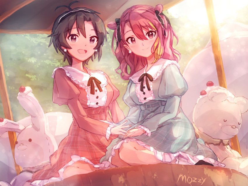 2girls :d antenna_hair artist_name bangs black_hair black_neckwear black_ribbon blonde_hair blush brown_eyes closed_mouth dress dusk earrings frills full_body gazebo green_dress hair_between_eyes hair_ribbon hairband hand_on_another's_hand hand_on_own_leg highres idolmaster idolmaster_(classic) idolmaster_million_live! jewelry juliet_sleeves kikuchi_makoto light_blush long_sleeves looking_at_viewer maihama_ayumu medium_hair mozzy0v0y multicolored_hair multiple_girls nail_polish neck_ribbon open_mouth outdoors pink_dress pink_eyes pink_hair plaid plaid_dress puffy_sleeves raised_eyebrows ribbon short_hair signature sitting smile streaked_hair stuffed_animal stuffed_bunny stuffed_toy teddy_bear tree wariza