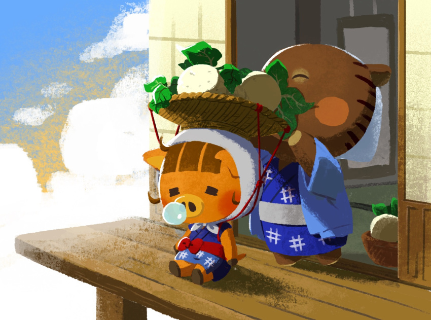 2girls ^_^ adjusting_clothes adjusting_headwear animal_crossing animal_ears basket blue_kimono blush_stickers bow brown_hair closed_eyes cloud cloudy_sky commentary_request daisy_mae_(animal_crossing) day food food_on_head furry grandmother_and_granddaughter grey_sash haori head_scarf iroidori4422 japanese_clothes joan_(animal_crossing) kimono long_sleeves multiple_girls nose_bubble object_on_head pig_ears red_bow red_sash sash shadow short_hair short_sleeves sitting sky sleeping standing turnip white_headwear wide_sleeves