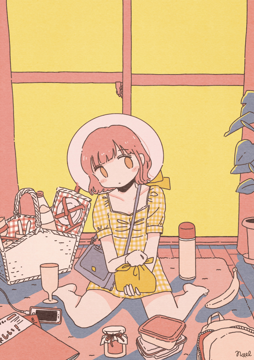 1girl absurdres bag bare_legs barefoot basket cellphone cup dress hat highres jar leaf no_nose noeru_(noellemonade) original phone pink_eyes pink_hair plaid plaid_dress plant potted_plant shadow short_hair shoulder_bag signature solo white_headwear yellow_dress