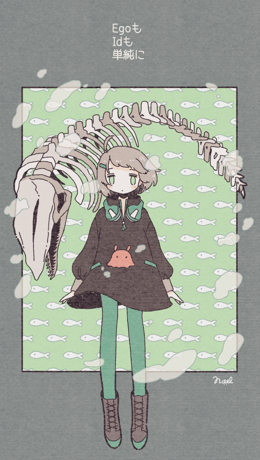 1girl absurdres bangs black_shirt brown_footwear fish_skeleton full_body green_eyes green_legwear grey_hair hair_ornament hairclip headphones headphones_around_neck highres long_sleeves looking_at_viewer no_nose noeru_(noellemonade) original pantyhose shirt short_hair signature skeleton solo standing