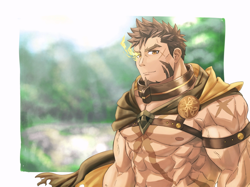 1boy abs bara bare_pecs biceps blurry blurry_background brown_eyes brown_hair bulge chain chest_harness facial_hair flaming_eye goatee harness hercules_(tokyo_houkago_summoners) highres male_focus muscle navel navel_hair nipples pectorals revealing_clothes saro_(rotsw_00022) scar scar_on_chest short_hair sideburns solo stomach stubble textless thick_thighs thighs tokyo_houkago_summoners upper_body veins yellow_eyes