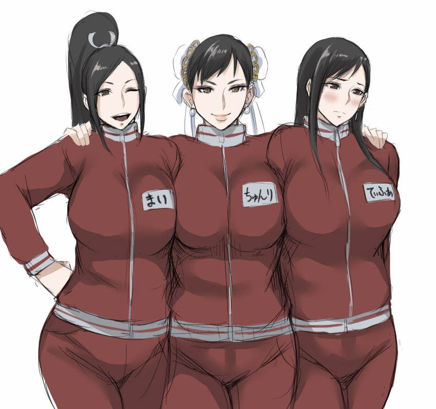 3girls alternate_costume blush breasts brown_eyes chun-li crossover earrings fatal_fury final_fantasy final_fantasy_vii gym_uniform hand_on_another's_shoulder hand_on_hip highres jacket jewelry large_breasts long_hair long_ponytail looking_down matching_outfit multiple_crossover multiple_girls one_eye_closed open_mouth pants shibusun shiranui_mai smile street_fighter sweatpants the_king_of_fighters tifa_lockhart track_jacket white_background