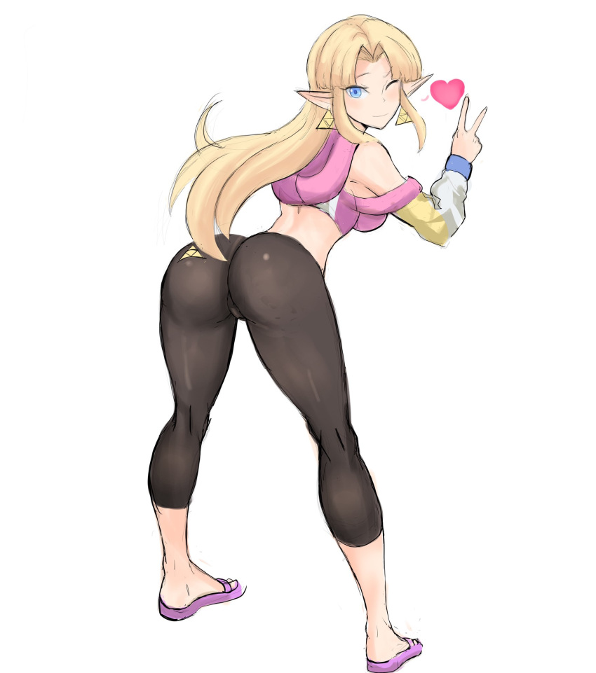;) ass bent_over blonde_hair borrowed_design capri_pants clothing_cutout contemporary cropped_hoodie earrings from_behind full_body highres hood hood_down hoodie jewelry kneepits long_hair long_pointy_ears looking_at_viewer looking_back midriff one_eye_closed pants pointy_ears princess_zelda rakeem_garcia-cueto sandals shoulder_cutout skin_tight smile the_legend_of_zelda tight tight_pants triangle_earrings triforce_print v white_background
