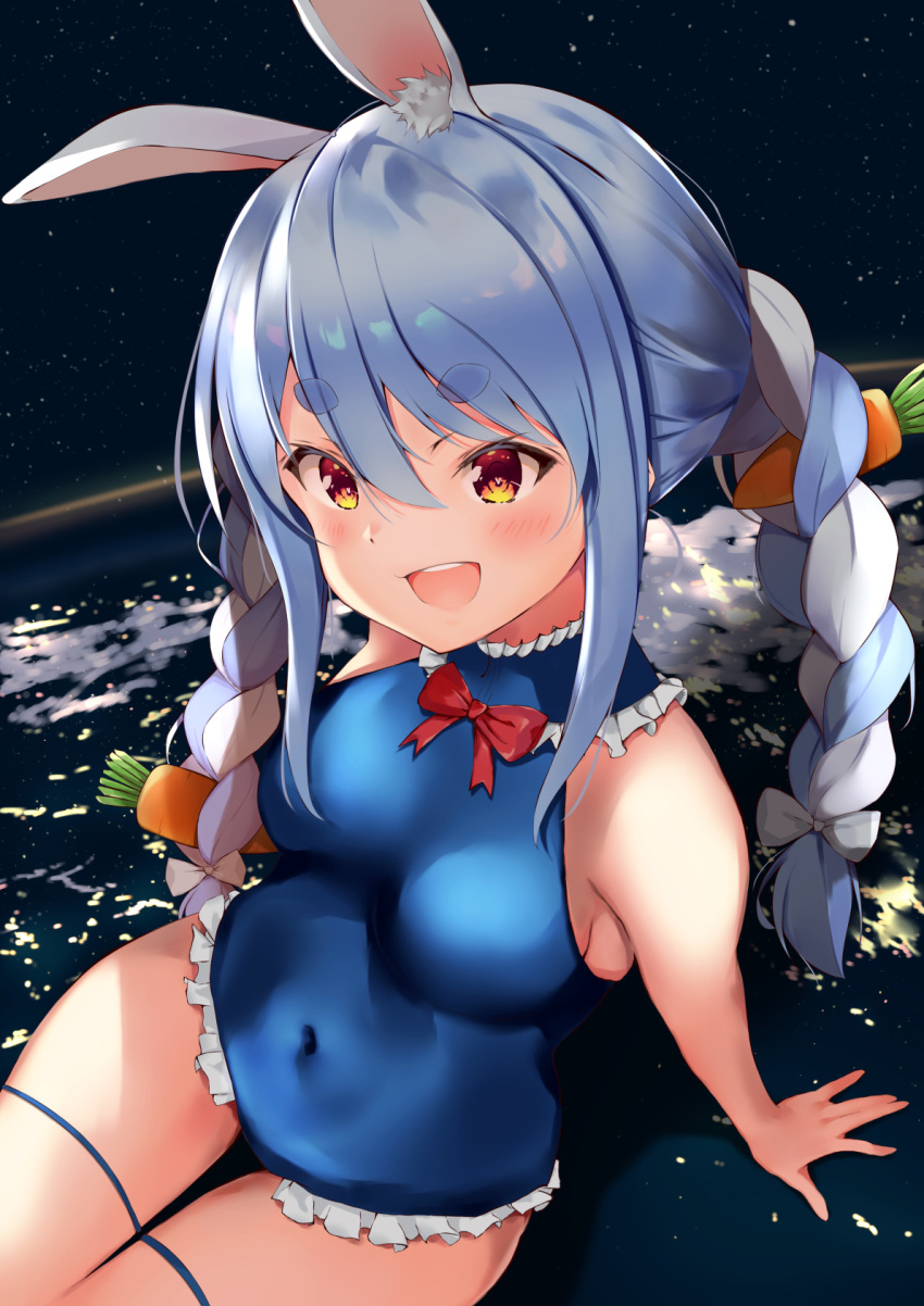 1girl animal_ear_fluff animal_ears blue_hair blue_swimsuit braid breasts bunny_ears carrot carrot_hair_ornament cloud cosplay covered_navel dead_or_alive eyebrows eyebrows_visible_through_hair food_themed_hair_ornament hair_ornament highres hololive long_hair marie_rose marie_rose_(cosplay) multicolored_hair neko_usagi_(nekousagi_jpn) one-piece_swimsuit open_mouth outdoors rabbit_girl red_eyes sitting sky small_breasts smile solo star_(sky) starry_sky swimsuit thigh_gap thigh_strap thighs twin_braids twintails two-tone_hair usada_pekora virtual_youtuber white_hair