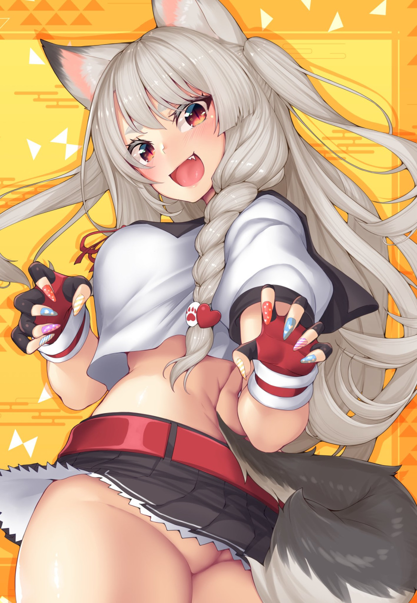 1girl animal_ears ass azur_lane black_sailor_collar black_skirt blush braid breasts claw_pose commentary_request crop_top cuffs fang fingerless_gloves floating_hair from_behind gloves highres large_breasts long_hair looking_at_viewer looking_back miniskirt nail_polish open_mouth pleated_skirt puffy_short_sleeves puffy_sleeves red_eyes richou_ask sailor_collar school_uniform serafuku short_sleeves side_ponytail silver_hair skirt slit_pupils smile solo standing tail thick_eyebrows thighs very_long_hair wolf_ears wolf_tail yuudachi_(azur_lane)