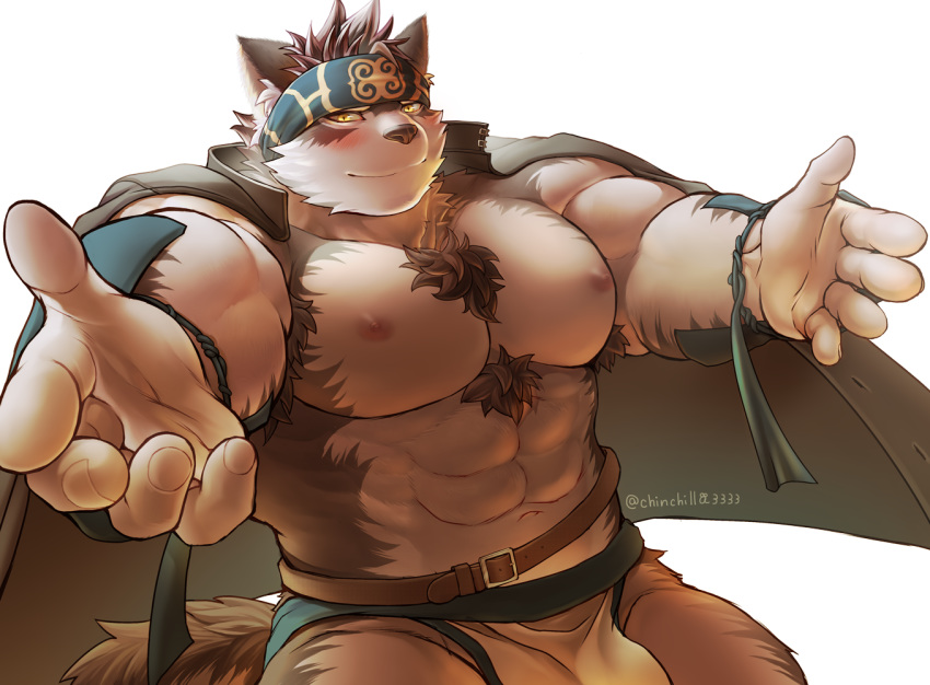 1boy abs animal_ears bara bare_pecs blush bulge chest_hair chillasan cowboy_shot furry gakuran grey_fur grey_hair headband horkeu_kamui_(tokyo_houkago_summoners) jacket jacket_on_shoulders looking_at_viewer male_focus multicolored_hair muscle navel nipples outstretched_arms pectorals pelvic_curtain revealing_clothes school_uniform short_hair silver_hair smile solo spread_arms stomach tail thick_thighs thighs tokyo_houkago_summoners two-tone_fur white_fur wolf_boy wolf_ears wolf_tail yellow_eyes