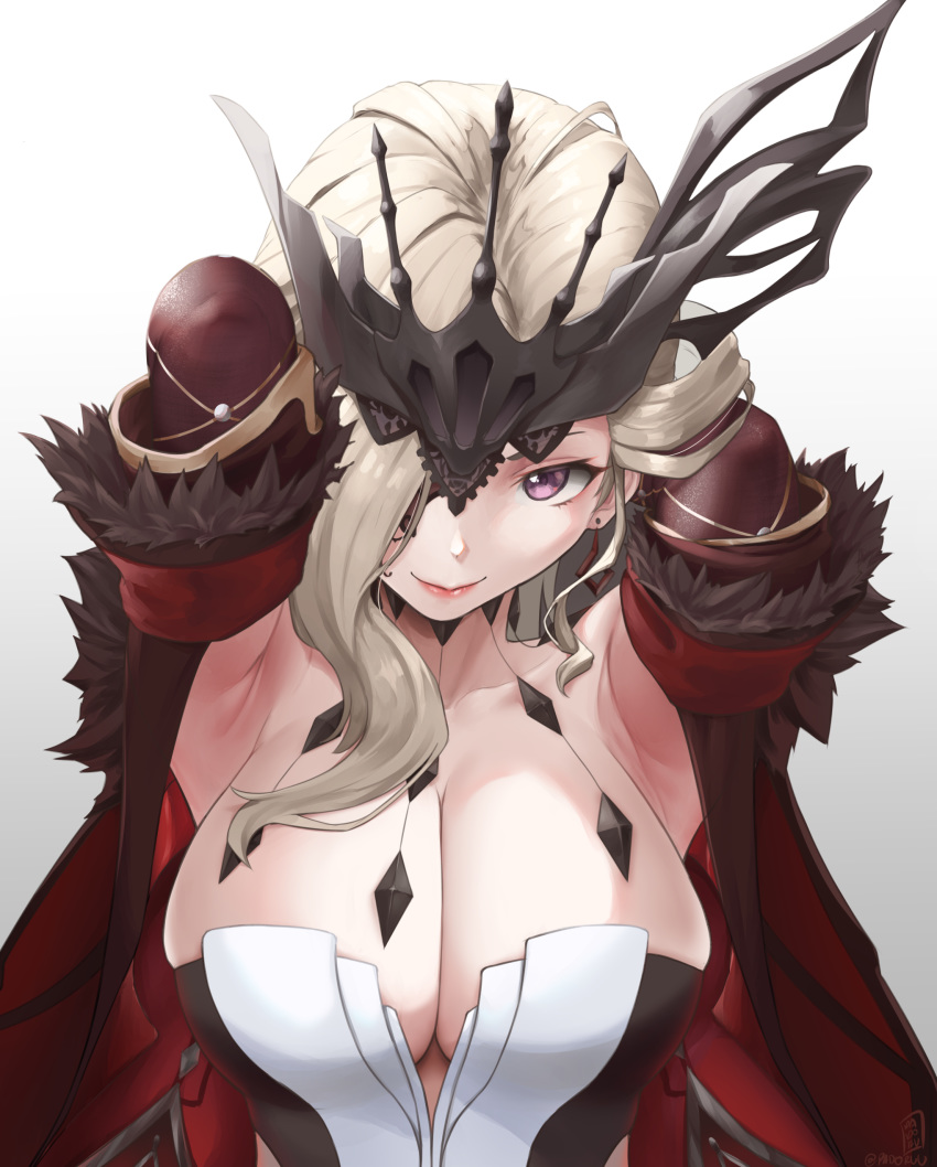 1girl absurdres armpits arms_up blonde_hair blush breasts cleavage earrings elbow_gloves fur_trim genshin_impact gloves hair_ornament highres huge_breasts jacket jewelry large_breasts lipstick looking_at_viewer makeup open_clothes open_jacket padoruu pov purple_eyes signora smile solo_focus upper_body