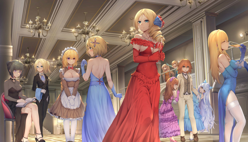 6+girls absurdres alternate_costume apron black_hair blonde_hair blue_dress blue_eyes blue_gloves blue_hair breasts brown_dress brown_eyes brown_hair cleavage_cutout closed_eyes clothing_cutout cup dress drinking_glass elbow_gloves formal gloves heterochromia highres holding holding_cup indoors large_breasts le_fantasque_(warship_girls_r) long_sleeves maid maid_apron maid_headdress multiple_girls pants purple_eyes ray_(pixiv9514208) red_dress red_eyes red_gloves richelieu_(warship_girls_r) sitting sleeveless sleeveless_dress standing suit thighhighs waist_apron warship_girls_r white_apron white_gloves white_legwear white_pants white_suit