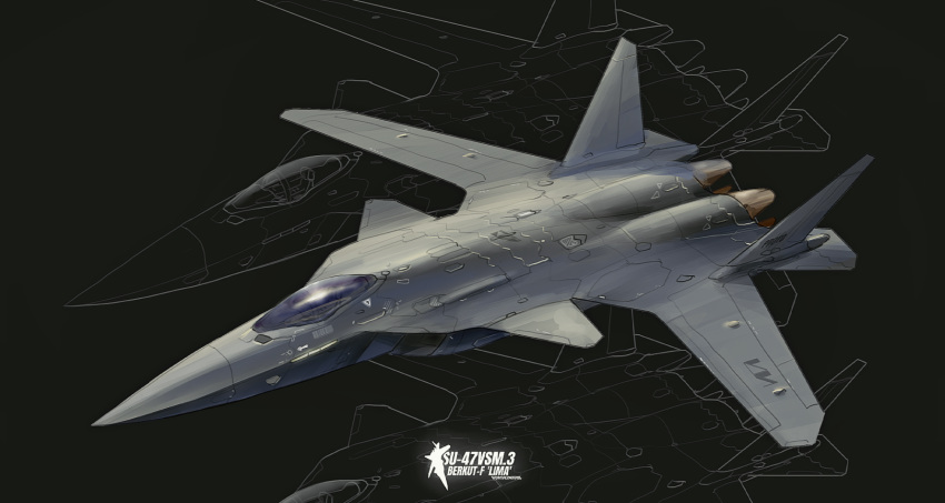 aircraft airplane airplane_wing asterozoa black_background fighter_jet from_above highres jet military military_vehicle no_humans original solo su-47_berkut thrusters vehicle_focus vehicle_name