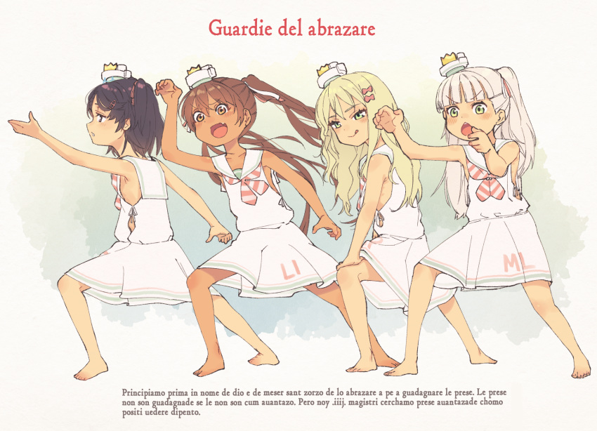 4girls :d bare_arms bare_legs bare_shoulders barefoot bitchcraft123 black_eyes black_hair blonde_hair blush bow brown_eyes brown_hair chestnut_mouth closed_mouth collarbone dress eyebrows_visible_through_hair fang full_body grecale_(kantai_collection) green_eyes hair_between_eyes hair_bow hair_ornament hairclip highres kantai_collection libeccio_(kantai_collection) long_hair maestrale_(kantai_collection) multiple_girls neckerchief open_mouth pink_bow sailor_collar sailor_dress scirocco_(kantai_collection) short_hair silver_hair sleeveless sleeveless_dress smile tongue tongue_out twintails upper_teeth v-shaped_eyebrows white_dress white_sailor_collar