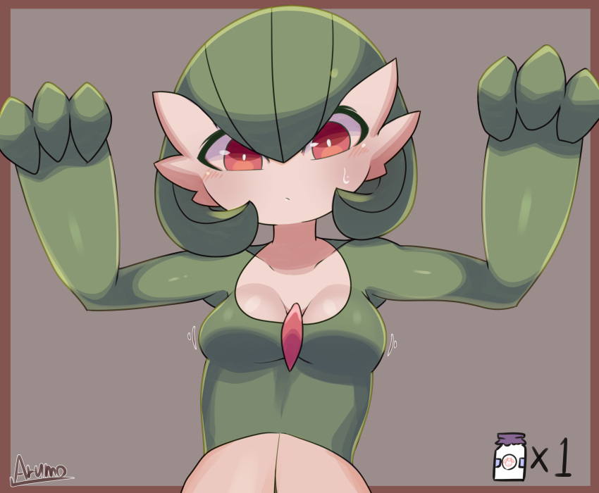 1girl absurdres arms_up artist_name bangs blush bob_cut border bottle breast_expansion breasts brown_background brown_border closed_mouth collarbone colored_skin commentary english_commentary engrish_commentary gardevoir gen_3_pokemon green_hair green_skin hair_between_eyes highres looking_down milk_bottle moomoo_milk motion_lines multicolored multicolored_skin number outside_border pokemon pokemon_(creature) red_eyes ryuusui_arumo shiny shiny_hair shiny_skin short_hair signature simple_background small_breasts solo sweat two-tone_skin upper_body white_skin