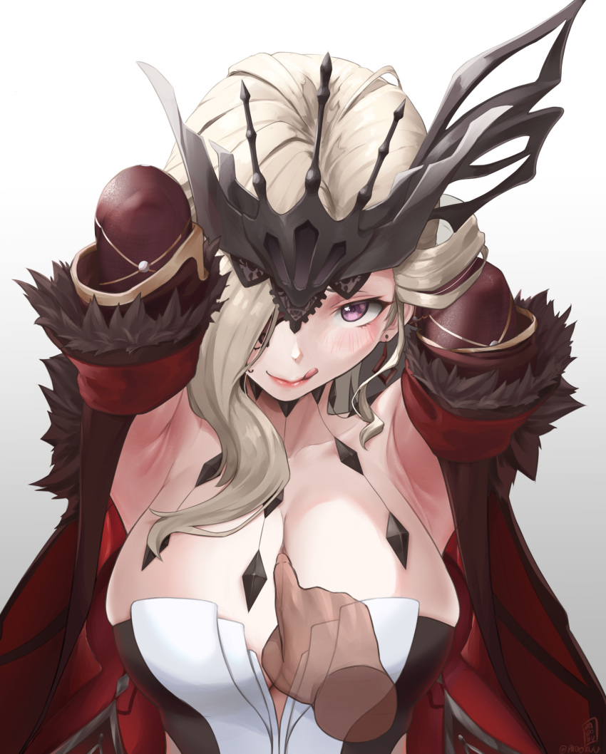 1girl :p absurdres armpits arms_up between_breasts blonde_hair blush breasts cleavage earrings elbow_gloves finger_between_breasts fur_trim genshin_impact gloves hair_ornament hands highres huge_breasts jacket jewelry large_breasts licking_lips lipstick looking_at_viewer makeup naughty_face open_clothes open_jacket padoruu pov purple_eyes signora smile solo_focus tongue tongue_out upper_body