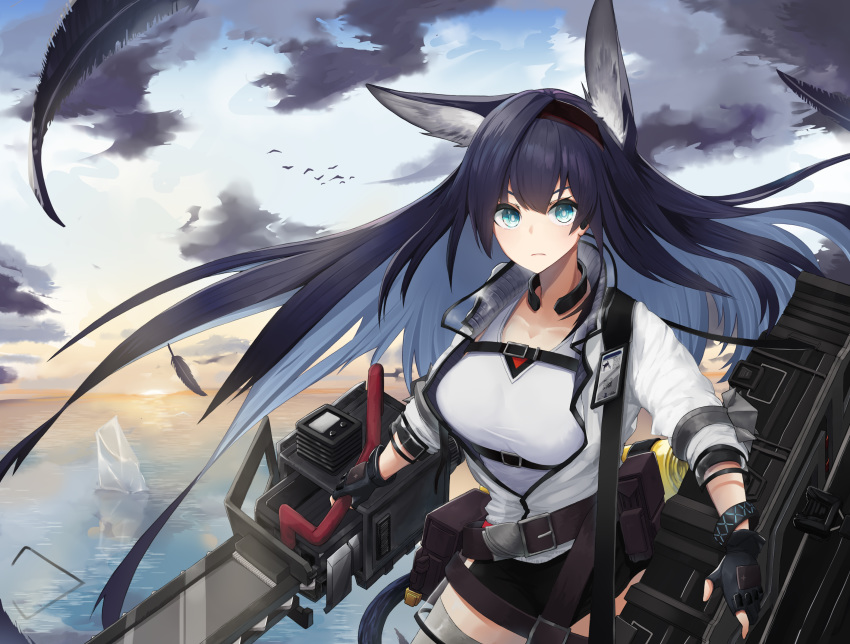 1girl animal_ears aqua_eyes arknights belt belt_pouch bird black_gloves black_shorts blaze_(arknights) blue_hair breasts cat_ears cat_tail chainsaw closed_mouth cloud cloudy_sky commentary cowboy_shot expressionless feathers fingerless_gloves floating_hair gloves grey_legwear hairband highres holding_chainsaw jacket large_breasts long_hair looking_at_viewer name_tag nanamilem open_clothes open_jacket pouch shirt short_shorts shorts shoulder_strap sky solo strap tail thighhighs white_jacket white_shirt wristband zettai_ryouiki