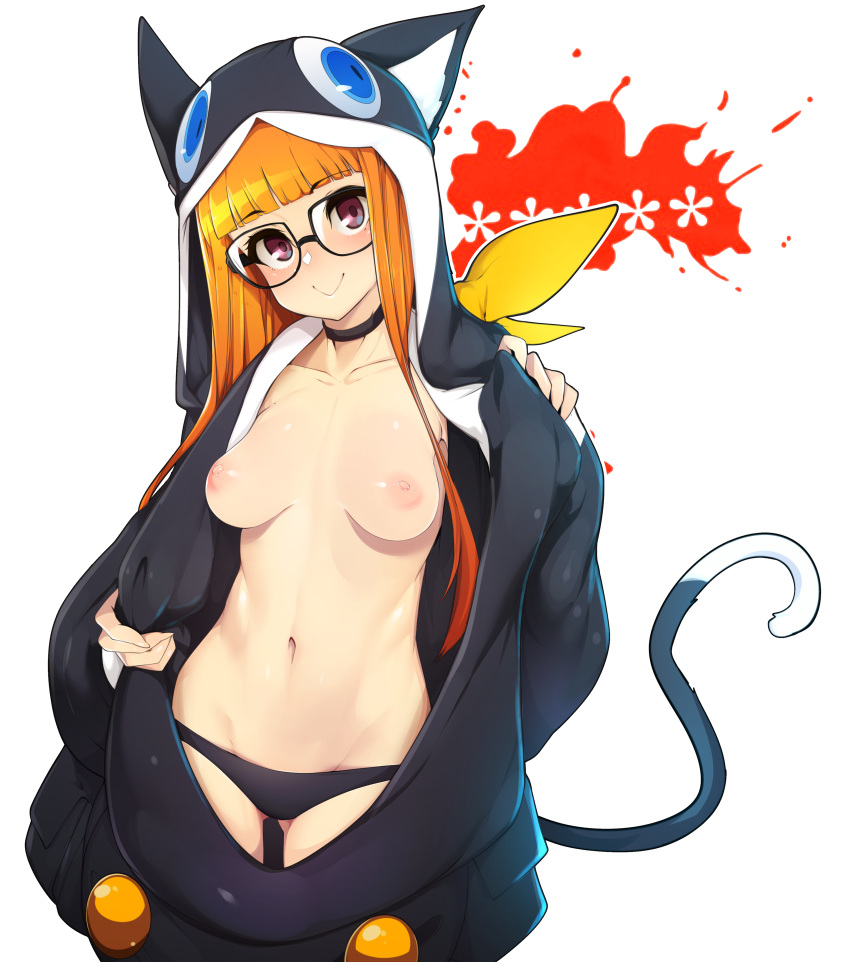 1girl absurdres animal_hood bangs black_choker blunt_bangs breasts character_hood choker closed_mouth collarbone cosplay eyebrows_visible_through_hair glasses highres hood long_hair looking_at_viewer medium_breasts morgana_(persona_5) morgana_(persona_5)_(cosplay) navel nipples orange_hair persona persona_5 purple_eyes sakura_futaba slugbox smile solo stomach white_background