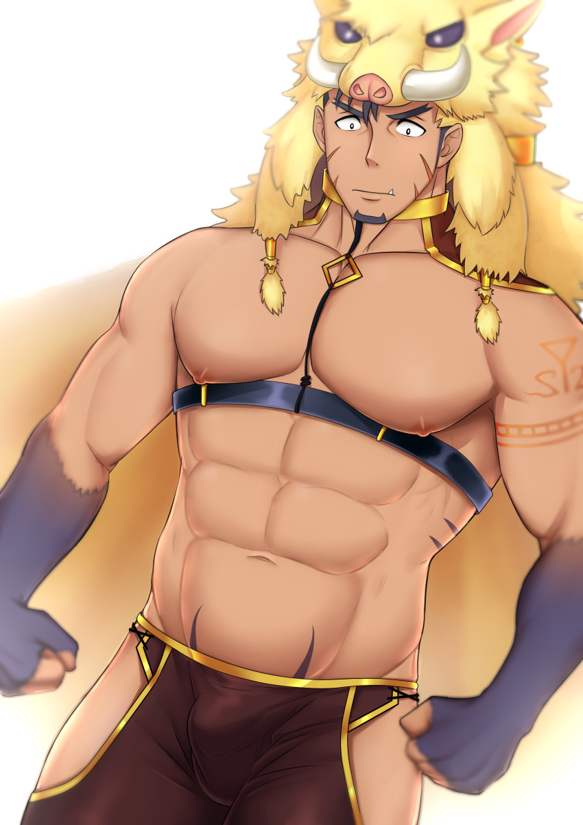 1boy abs absurdres animal_hood bara bare_pecs bare_shoulders black_hair brown_pants bulge chest_harness clothing_cutout facial_hair fang forked_eyebrows fur_gloves goatee groin gullinbursti_(tokyo_houkago_summoners) harness highres hood male_focus miqi_(nnaf3344) muscle navel nipples pants pectorals short_hair shoulder_tattoo sideburns solo spiked_hair stomach stubble tattoo thick_thighs thigh_cutout thighs tokyo_houkago_summoners white_background