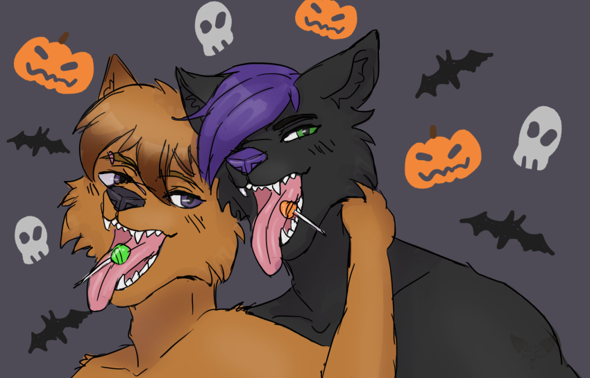 anthro candy canid canine canis colored couple_(disambiguation) deanwolfwood dessert duo food halloween hi_res holidays lollipop male male/male mammal open_mouth sketch wolf